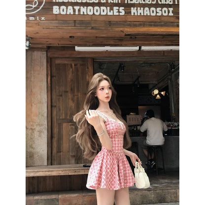WomenS Pink Plaid Lace Trim Slip Dress Spaghetti Strap Bow Detail Flared Mini Dress Sweet Casual Sundress