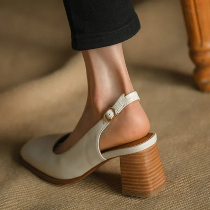 Womens' Sandals Retro French Style Shoes For Spring Thick Square Heel Closed Toe Pumps Summer Sandals Real Leather Slingbacks