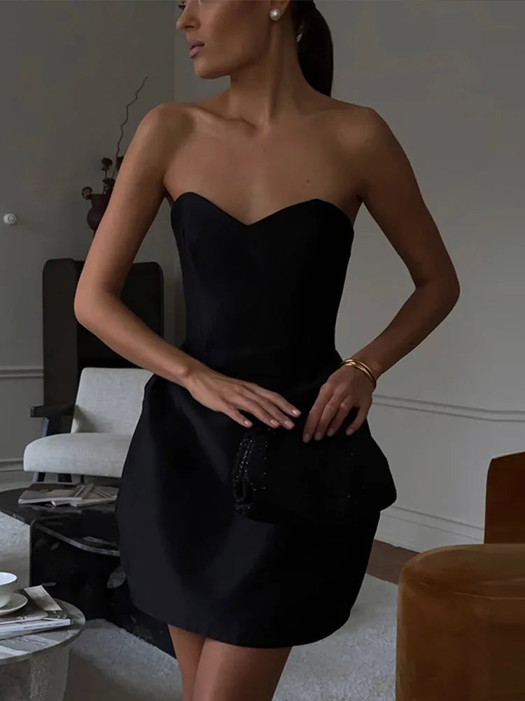Red Strapless Puff Pleated Hem Women Dress Sexy Off Shoulder Slim Backless Sleeveless Dresses Female Evening Party Club Gown