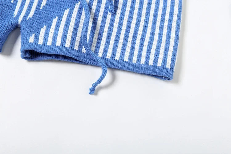 Crochet Bandage Playsuits Women Low-Neck Contrast Striped Patchwork Long Sleeve Autumn Fit Trend Vacation Skinny Romper