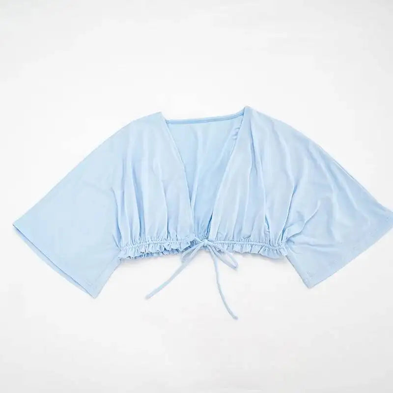 Women Deep V Neck Lace Up Crop Top Puff Sleeve Short T Shirt Tie Front Ruched Hem Y2K Casual Beach Vacation Outfit