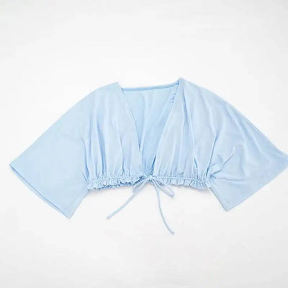 Women Deep V Neck Lace Up Crop Top Puff Sleeve Short T Shirt Tie Front Ruched Hem Y2K Casual Beach Vacation Outfit