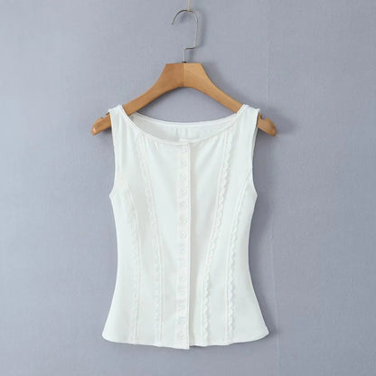Red White Slim Tank Top Women Sleeveless O Neck Lace Spliced Summer Crop Top Streetwear ropa de mujer