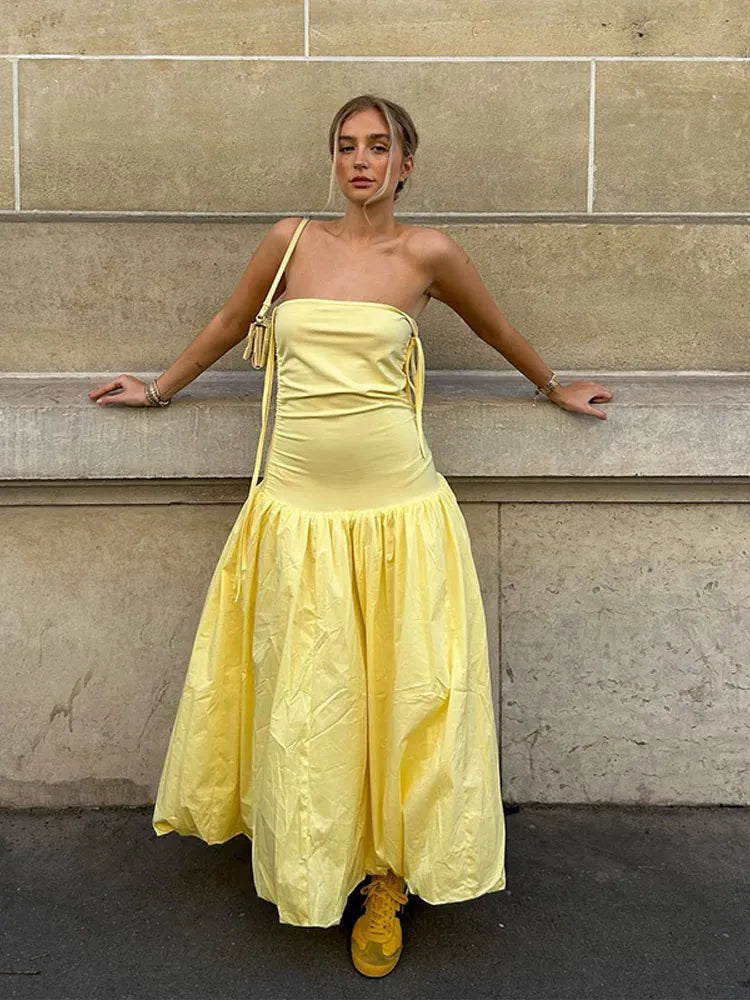 Sexy Strapless Women Solid Patchwork Maxi Dress Elegant Slim Backless Pleated Hem Dresses Summer Lady High Street Robes 2024