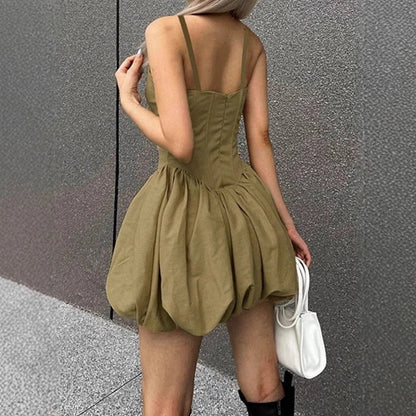 Sexy Summer Bodycon Mini Dress Fishbone Boned Slim Fit Pleated Ruffled Sleeveless Party Clubwear Casual Streetwear Outfit