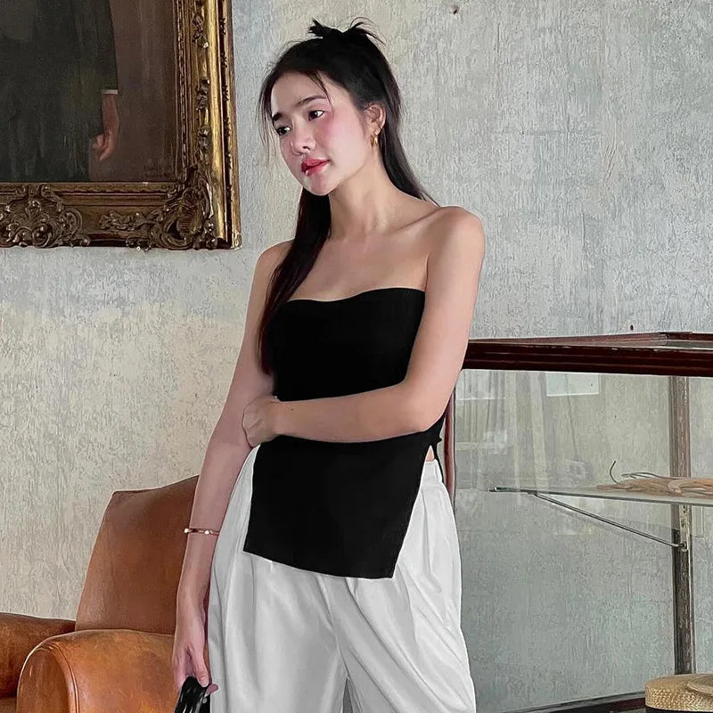 Knitted Strapless Long Split Top For Women Solid Color Sleeveless Backless Club Party Top Y2K Slim Fit Splice Crop Top
