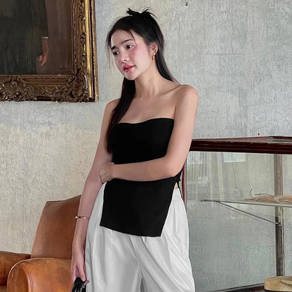 Knitted Strapless Long Split Top For Women Solid Color Sleeveless Backless Club Party Top Y2K Slim Fit Splice Crop Top