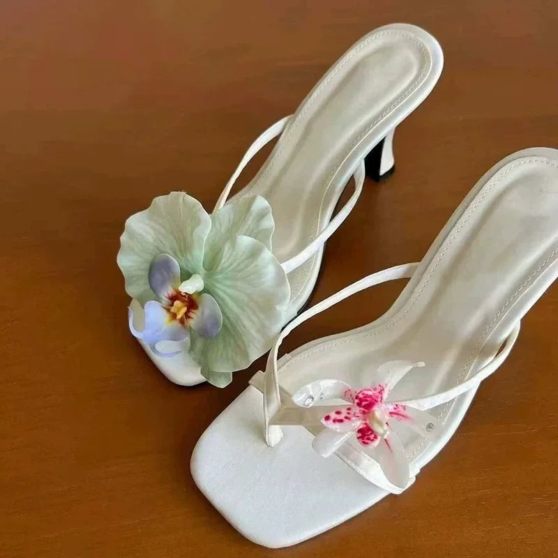 Sweet Summer Bright Color Asymmetrical Flower Decoration Sandals Silk Clip Thin Heel Flip Flops Casual Beach Vacation High Heel