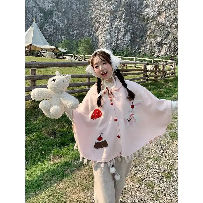 Japanese College Style Autumn Winter Cute Bunny Shawl Cloak Kawaii Lapel Tassel Bow Cardigan Women Knitted Sweater Top