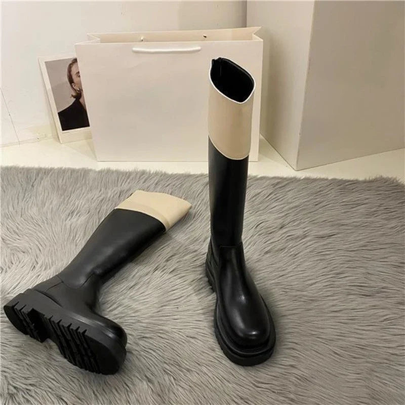 Middle Heel Platform Shoes for Woman Black Footwear Long Winter Knee High Shaft Round Toe Women's Boots Cosplay Pu Spring Autumn