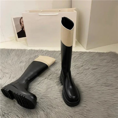 Middle Heel Platform Shoes for Woman Black Footwear Long Winter Knee High Shaft Round Toe Women's Boots Cosplay Pu Spring Autumn