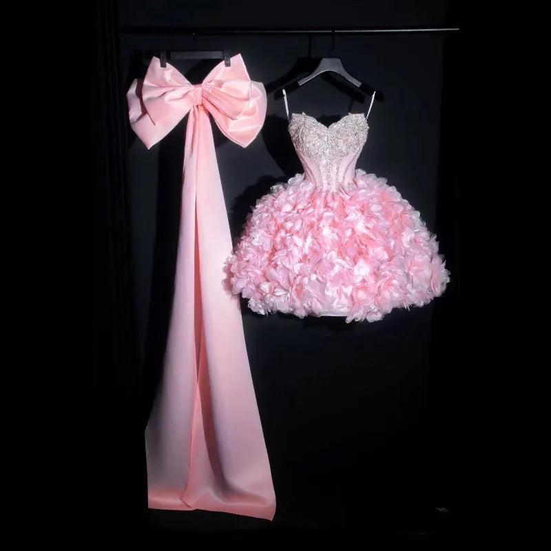 Pink Off-Shoulder Big Bow Short Ball Gown for Women Girl Elegant 3D Flowers Prom Evening Dress Sexy Mini Party Birthday Dresses