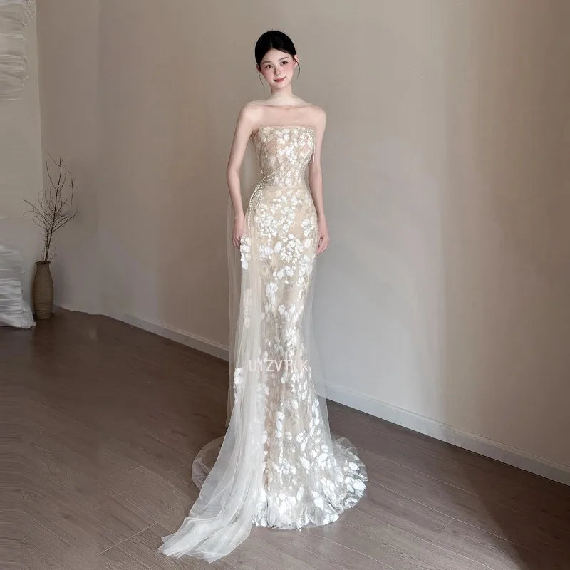Elegant Strapless Mermaid Wedding Party Dresses Shiny Sequins Court Training Lace Decal Prom Gown Customized Vestido De Novia