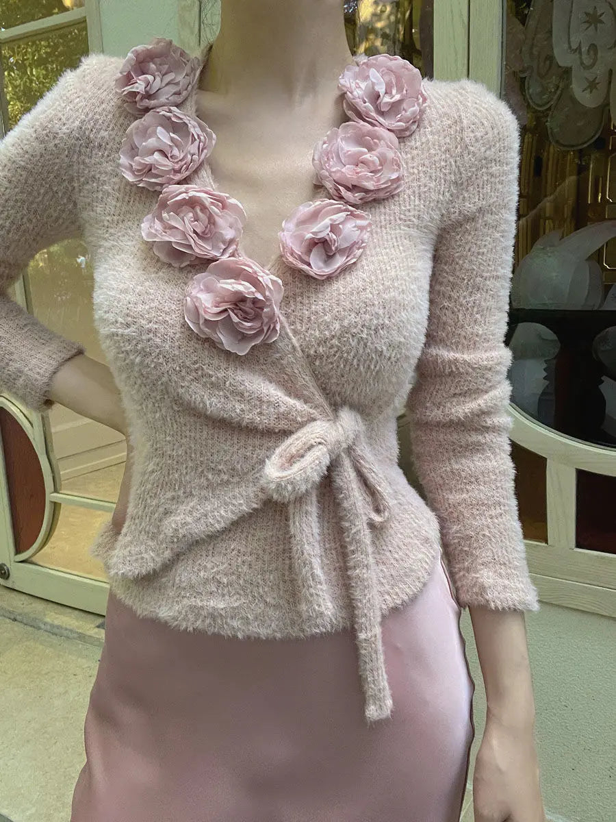 Pullover 3D Flowers French Vintage Slim Women Korean Long Sleeve Elegant Tops Female Retro Knitted Chic Fairy Clothing