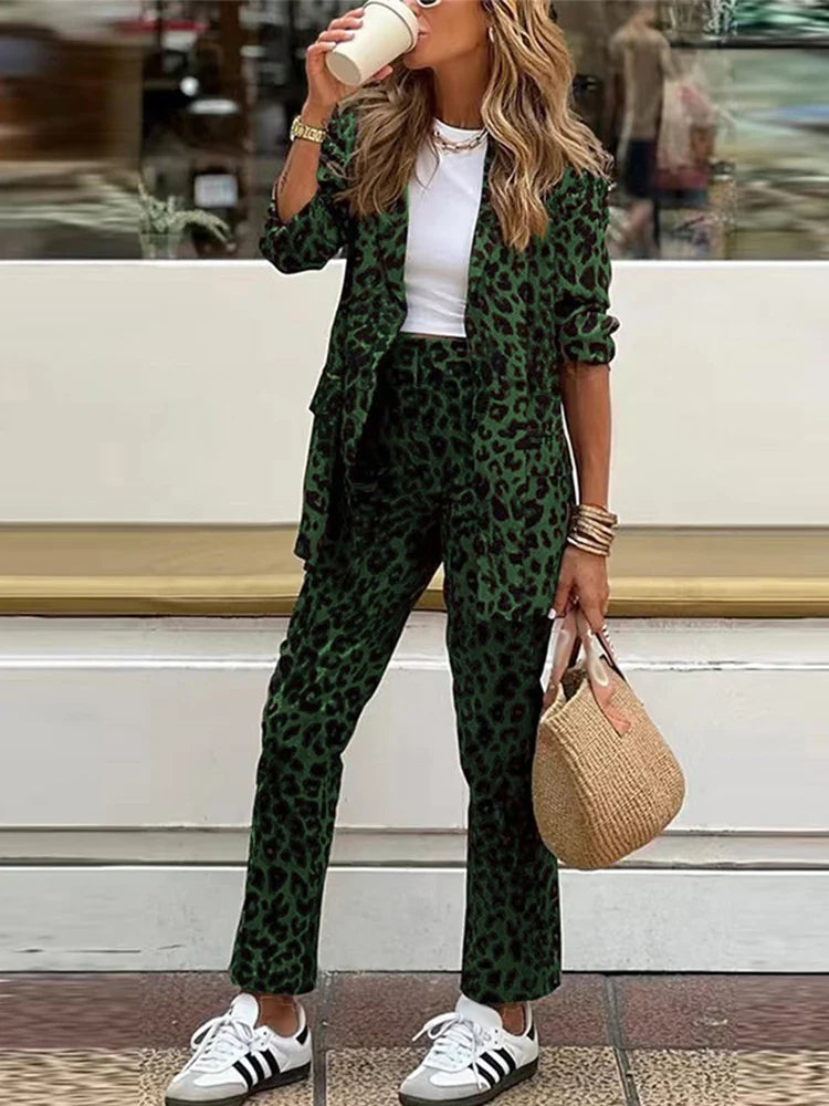 Vintage Women Leopard Print Pant Sets Casual Lapel Long Sleeve Female Suit Outfits Straight Pants Autumn Lady Two Piece Set