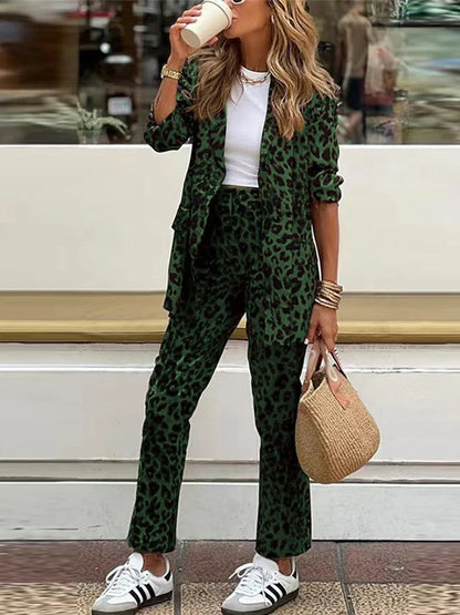 Vintage Women Leopard Print Pant Sets Casual Lapel Long Sleeve Female Suit Outfits Straight Pants Autumn Lady Two Piece Set