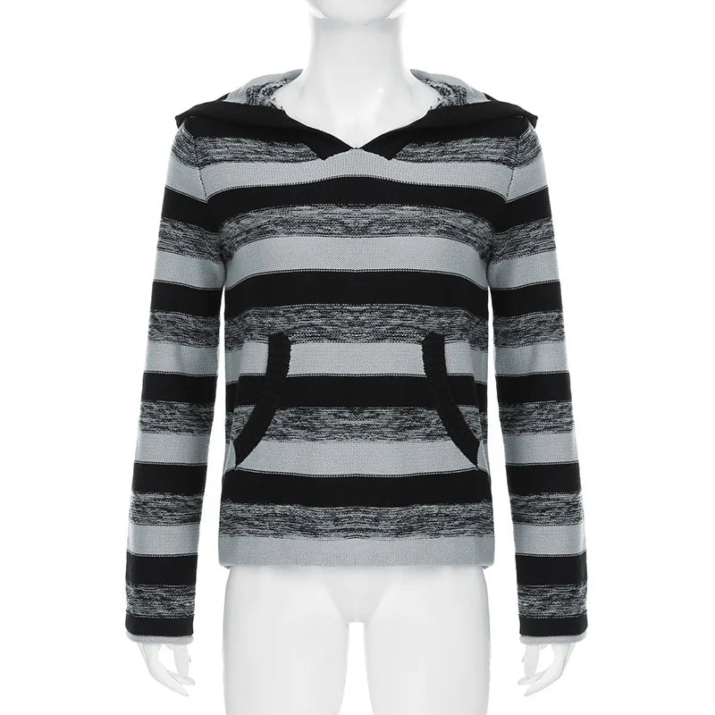 Aesthetic Striped Knitted Hooded Sweaterwith Pockets Autumn Casual Long Sleeve Pullovers Tops 90s Cyber Grunge Vintage Jumpers