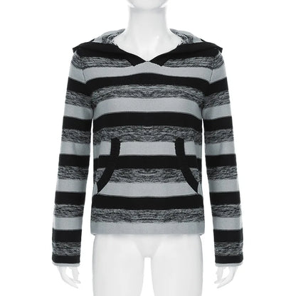 Aesthetic Striped Knitted Hooded Sweaterwith Pockets Autumn Casual Long Sleeve Pullovers Tops 90s Cyber Grunge Vintage Jumpers