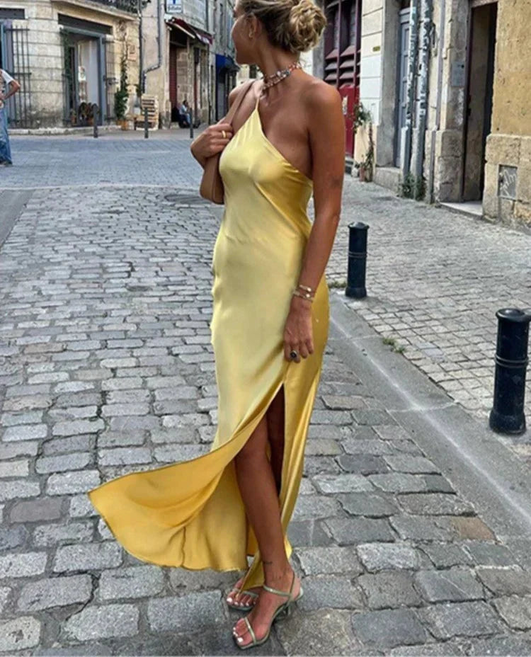 Asymmetric Strap Backless Slit Satin Maxi Dress