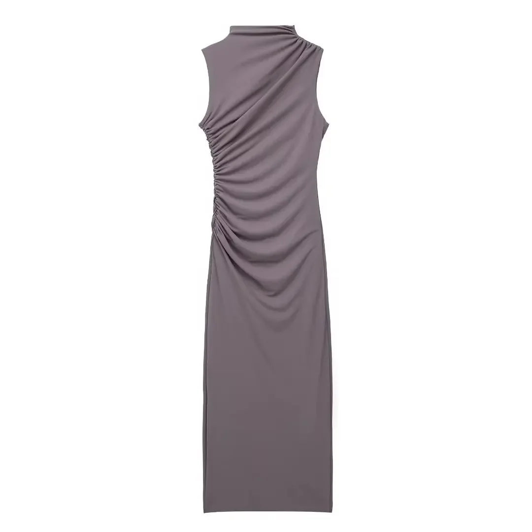 Elegant Slim Sleeveless Half High Collar Dresses Women Sexy Pleated Solid Evening Dress Female Summer New 2024 White Party Robe