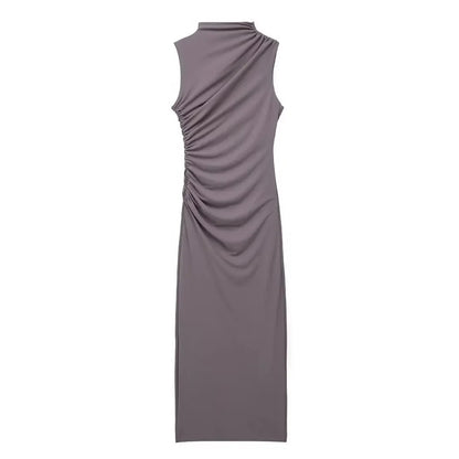Elegant Slim Sleeveless Half High Collar Dresses Women Sexy Pleated Solid Evening Dress Female Summer New 2024 White Party Robe