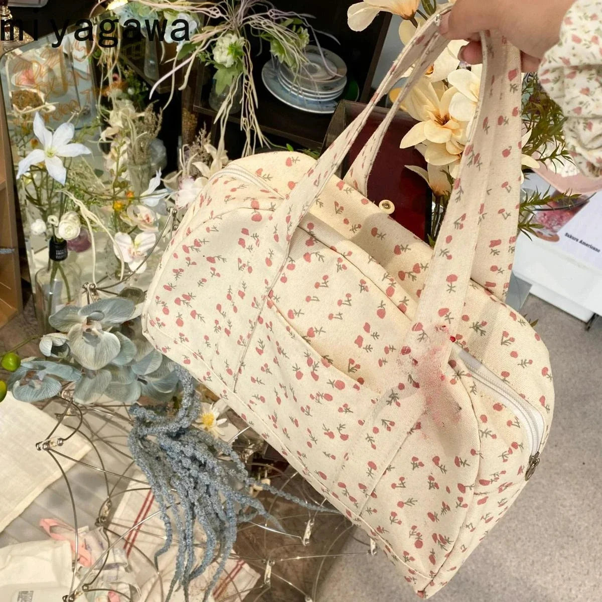 Korean Style Large Capacity Floral Canvas Tote Bags Fashion Commuting Shoulder Bags Niche Handbag