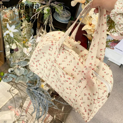 Korean Style Large Capacity Floral Canvas Tote Bags Fashion Commuting Shoulder Bags Niche Handbag