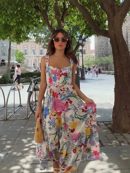 Women's Summer New Fashion Simple Four sided Spring Flower Print Waistless Sleeveless Hanging Strap Dress