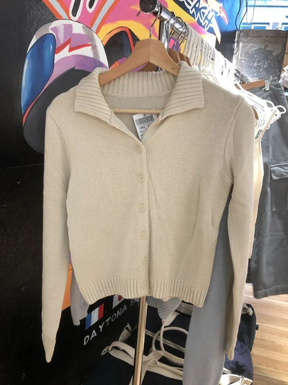 Beige Knit Short Sweater Cardigan Women Autumn Single Breasted Lapel Long Sleeve Sweaters Coat Cotton Casual Knitwear Top Y2k
