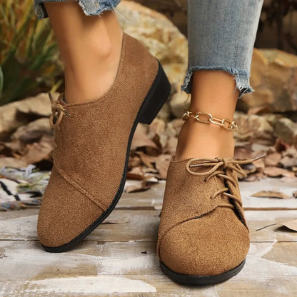 Lace up women's shoes autumn new large pointed 4cm high heels suede medium thick heel comfortable casual women's shoes