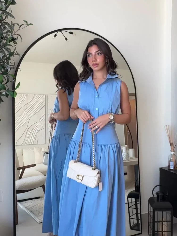 Casual Sleeveless Slim Women Long Dresses Fashion Bule Lapel Single Breasted Patchwork Pleated Dress Summer Lady Street Robes