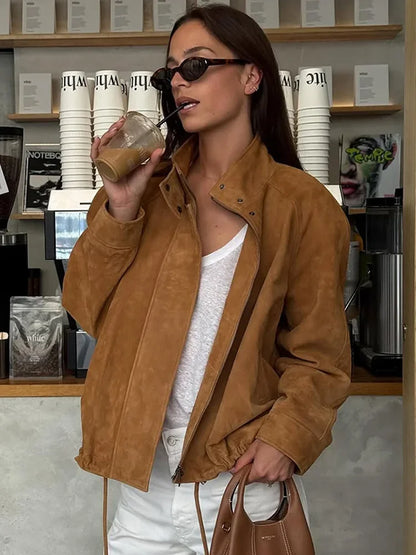 Casual Long Sleeve Stand Collar Female Coats Vintage Suede Zipper Jacket for Women Autumn New Lady Pockets Outerwear Street