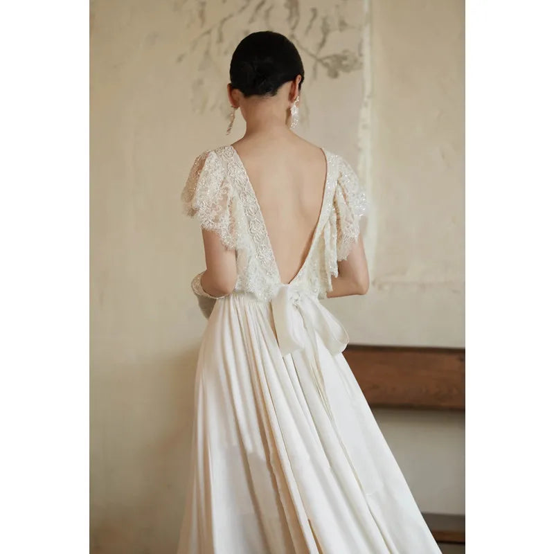 Light Boho Wedding Dress Sexy Backless Short Sleeve Simple Wedding Party Dress Satin Vestidos De Novias 2024