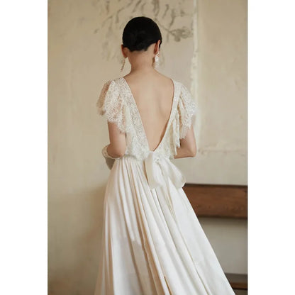 Light Boho Wedding Dress Sexy Backless Short Sleeve Simple Wedding Party Dress Satin Vestidos De Novias 2024