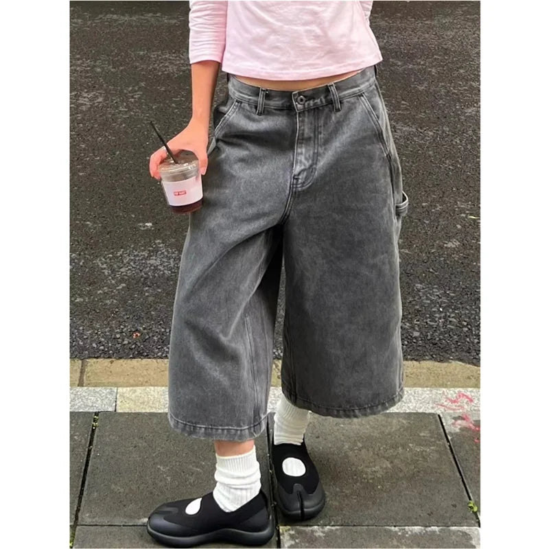 Women's Wide Leg Gradient Gray Retro Denim Shorts Unisex Style Capris Summer Female High Waist Loose Short Jeans