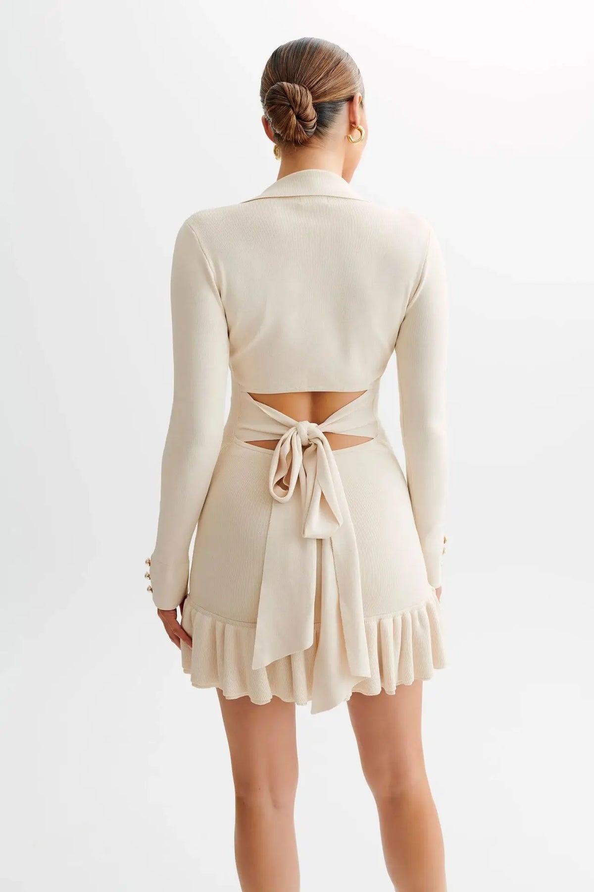 Pointed Collar Button Front Contrast Cuff Ruffle Hem Knit Mini Dress