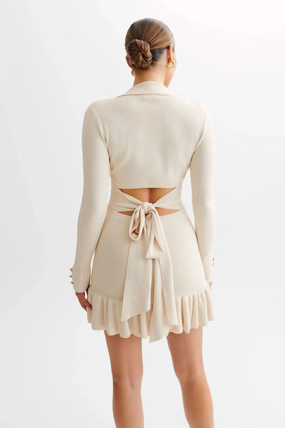 Pointed Collar Button Front Contrast Cuff Ruffle Hem Knit Mini Dress