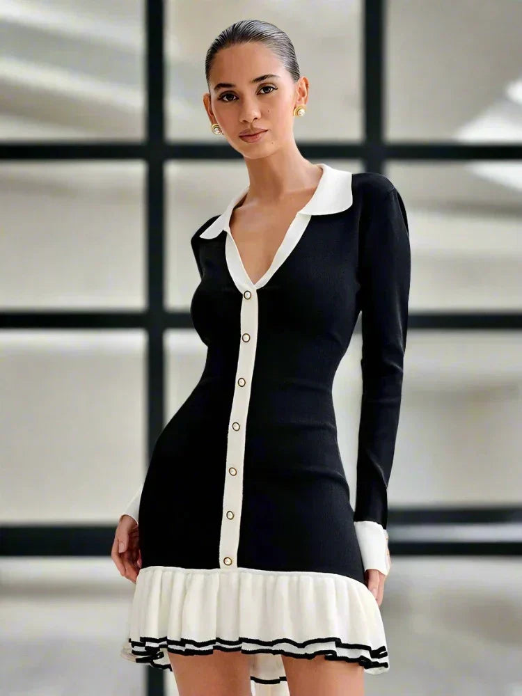 Pointed Collar Button Front Contrast Cuff Ruffle Hem Knit Mini Dress