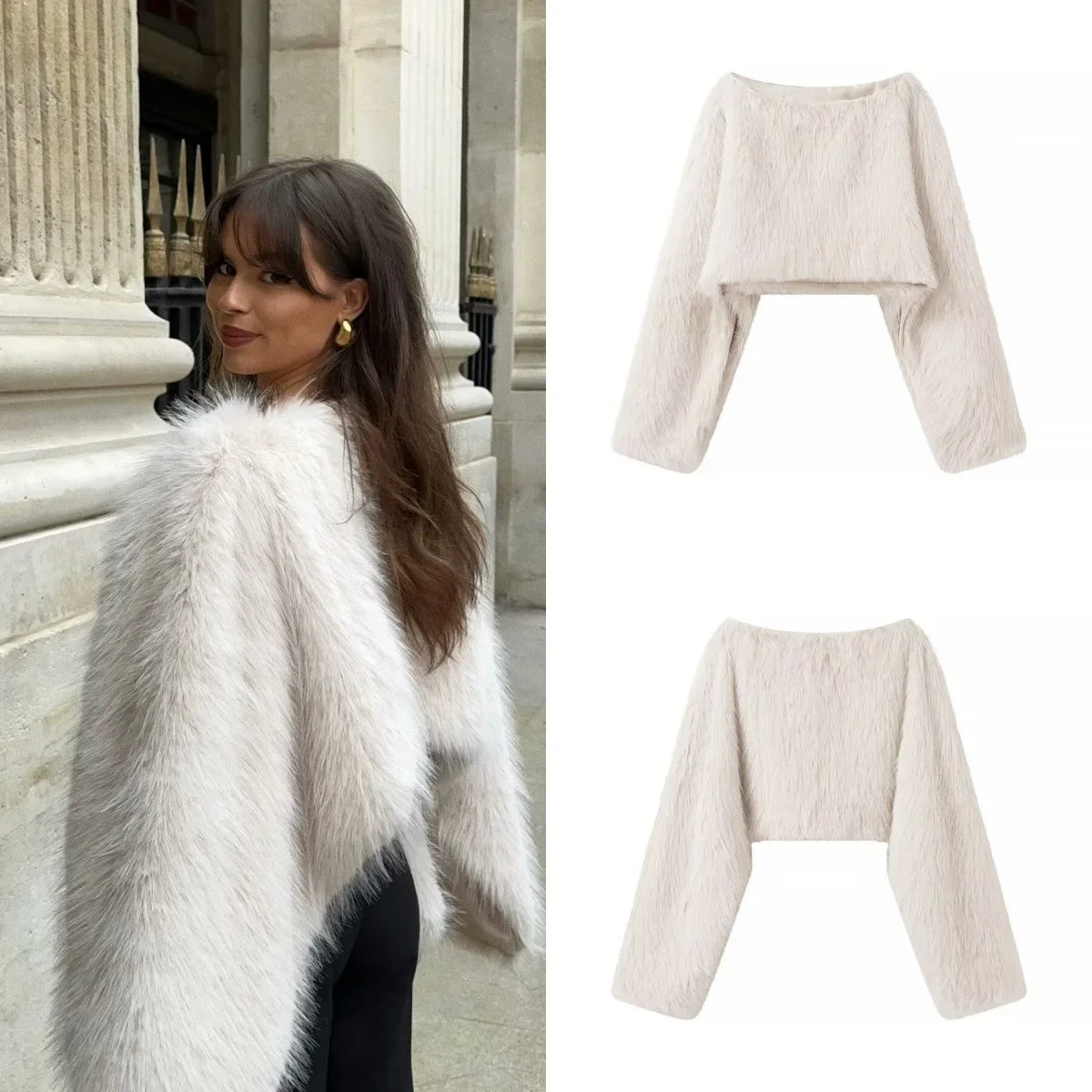 Temperament White Women Imitation Fur Jacket Round Neck Short Full Sleeve Female Faux Fur Coat Instagram-Style Lady Eco Fur Coat