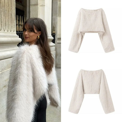 Temperament White Women Imitation Fur Jacket Round Neck Short Full Sleeve Female Faux Fur Coat Instagram-Style Lady Eco Fur Coat