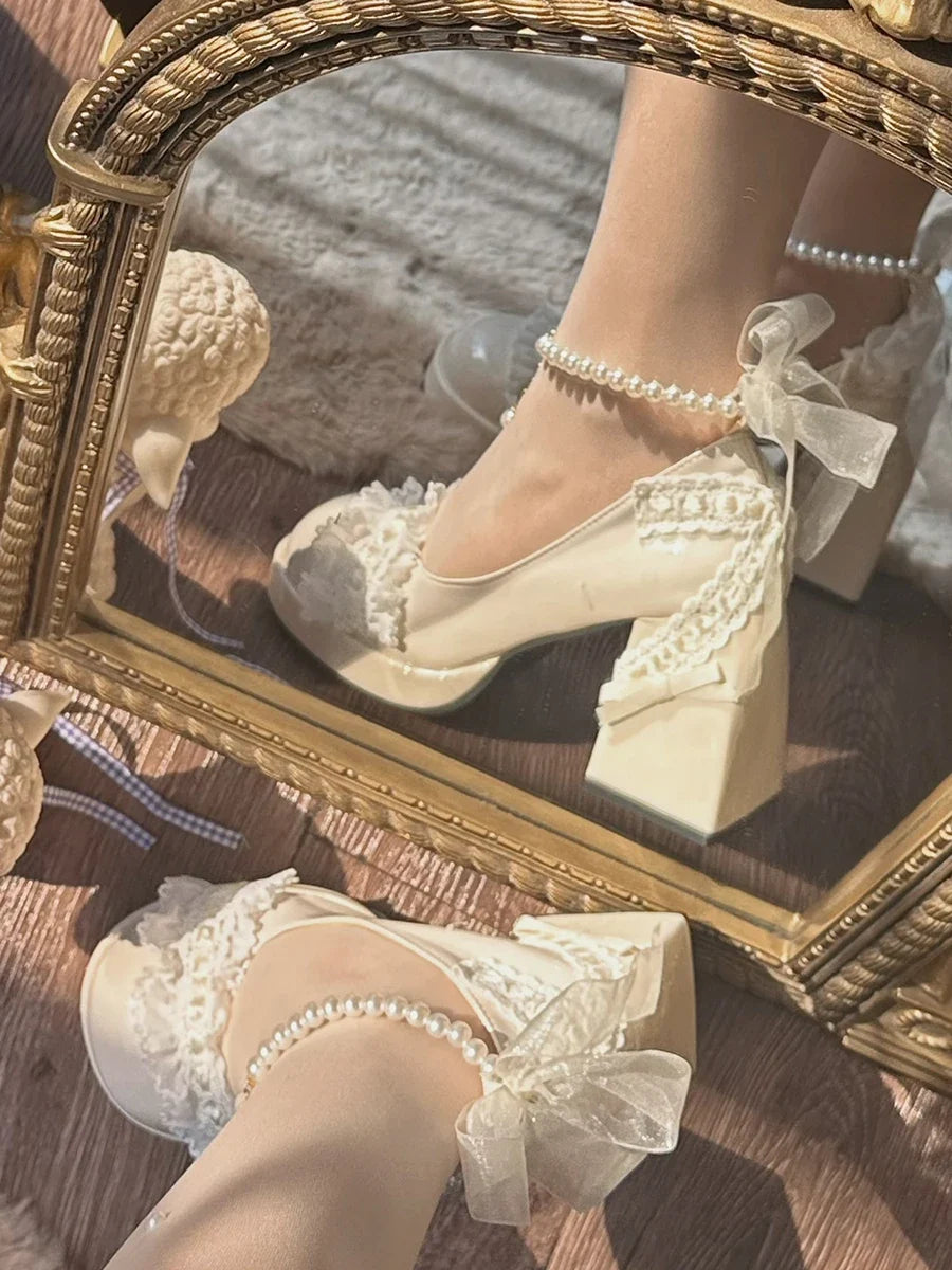 Original French Lace Pearl Lolita Shoes Autumn Fairy Round Head Thick Heels Japanese Girls' Tea Party Single Shoes