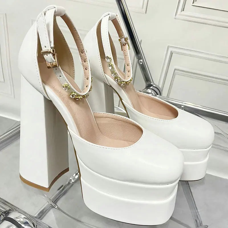 High Quality Satin Women Super High Heels Square Toe Platform Ankle Strap Party Wedding Shoes Mary Jane Chunky Heel Shoes