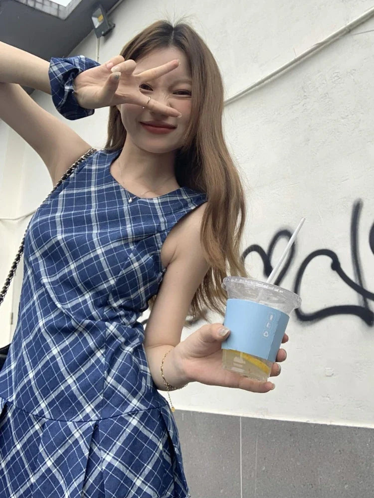 Vintage Blue Plaid Sleeveless Dress Low Wasit Mini Pleated Dresses for Women Summer Korean Fashion Retro Slim Clothes
