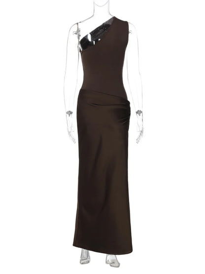 Sexy One Shoulder Sleeveless Maxi Dress Women Summer Fashion Diagonal Collar Satin Patchwork Ruched Slim Party Long Dress