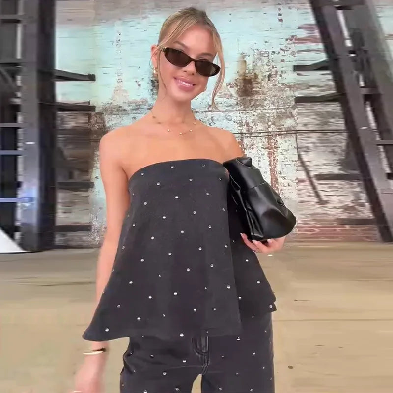 Nail Polka Dot Strapless Top Pants Women Set Off Shoulder Baggy Slimming Commute Blouse Vest Straight Leg Trousers Formal Attire