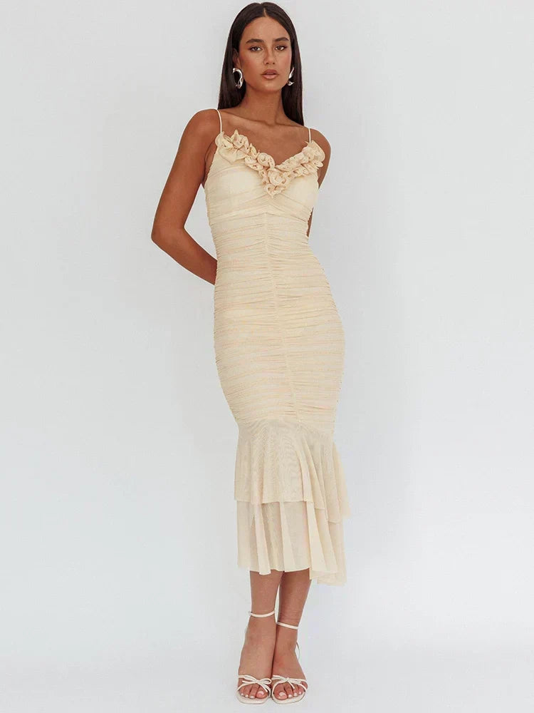 Spaghetti Strap 3D Floral Ruffle Neck Ruched Mesh Mermaid Midi Dress