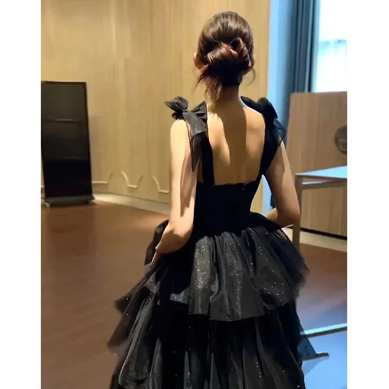 Black Women's New Adult Ceremony Art Exam Graduation Light Luxury Minority Strap Bubble Dress