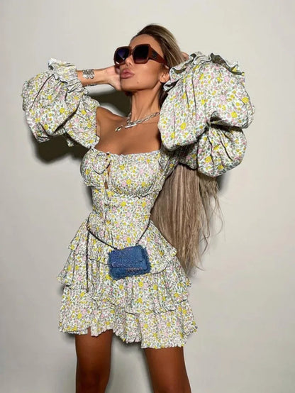 Slash Neck Long Sleeve Floral Print Ball Gown High Street Women Off Shoulder High Waist Ruffles A-line Short Party Dresses