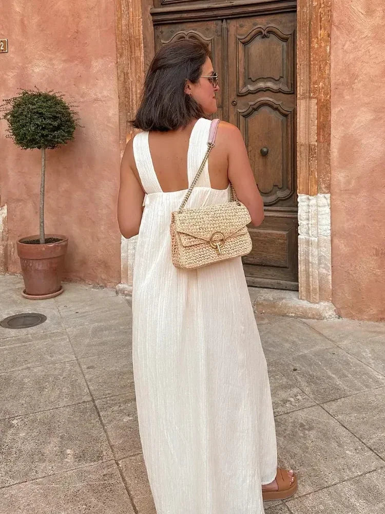 Sexy Backless Women's Side Split Loose Maxi Dress Fashion V-neck Sleeveless Sling Robe Female New Chic Vacation Vestido