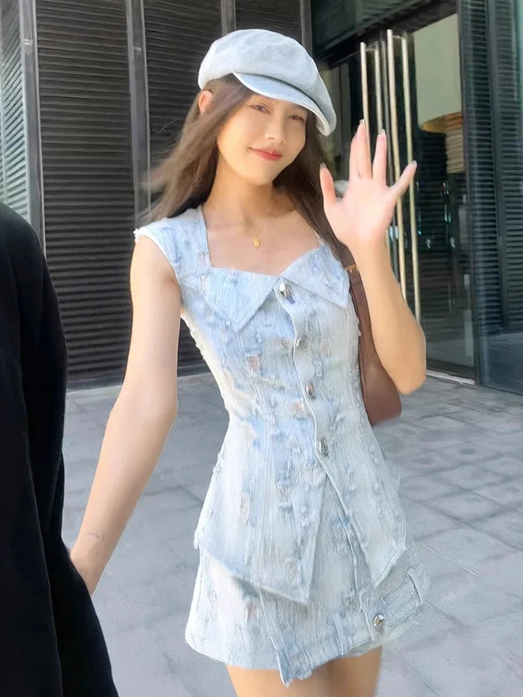American Spice Girls Denim 2-Piece Set Women's Summer New High Quality Rapped Square Neck Slim Top Vest+A-Line Shorts Suit